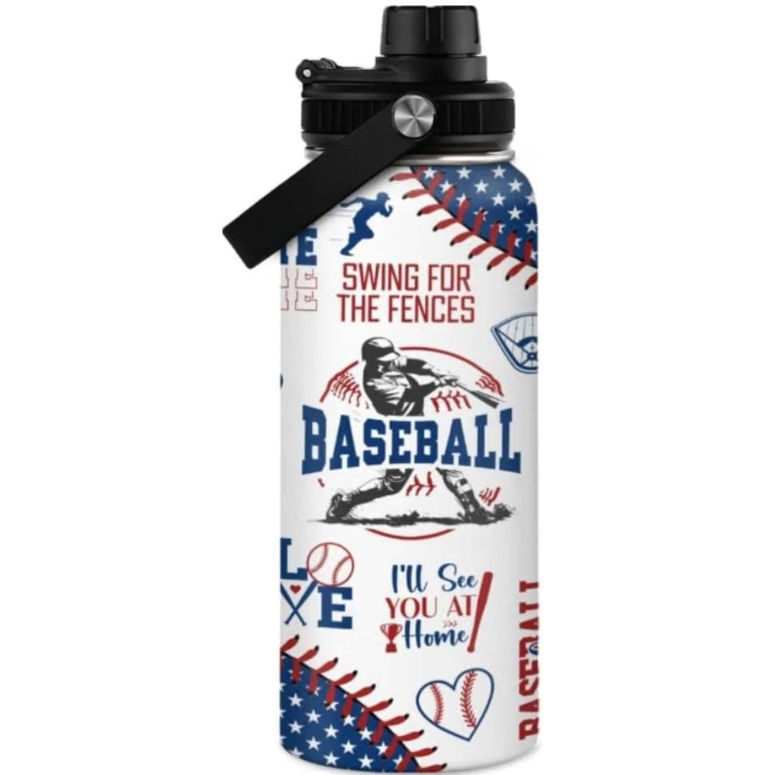 Patriotic "Swing for the Fences" Baseball Water Bottle – Insulated & 100% Leak-Proof Sports Flask