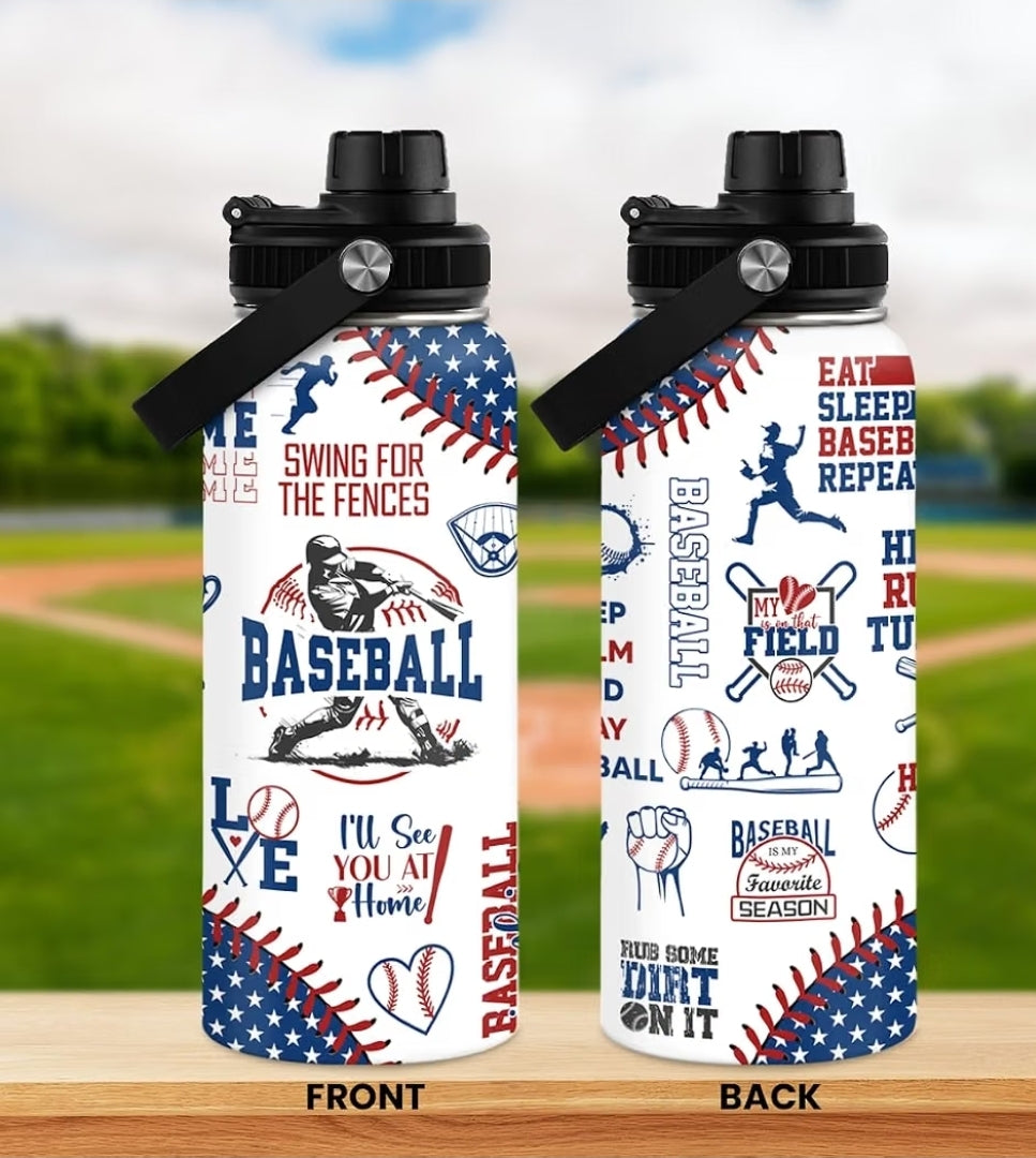 Patriotic "Swing for the Fences" Baseball Water Bottle – Insulated & 100% Leak-Proof Sports Flask