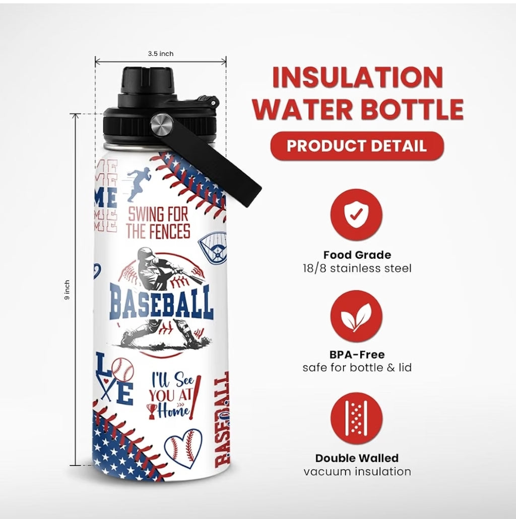 Patriotic "Swing for the Fences" Baseball Water Bottle – Insulated & 100% Leak-Proof Sports Flask