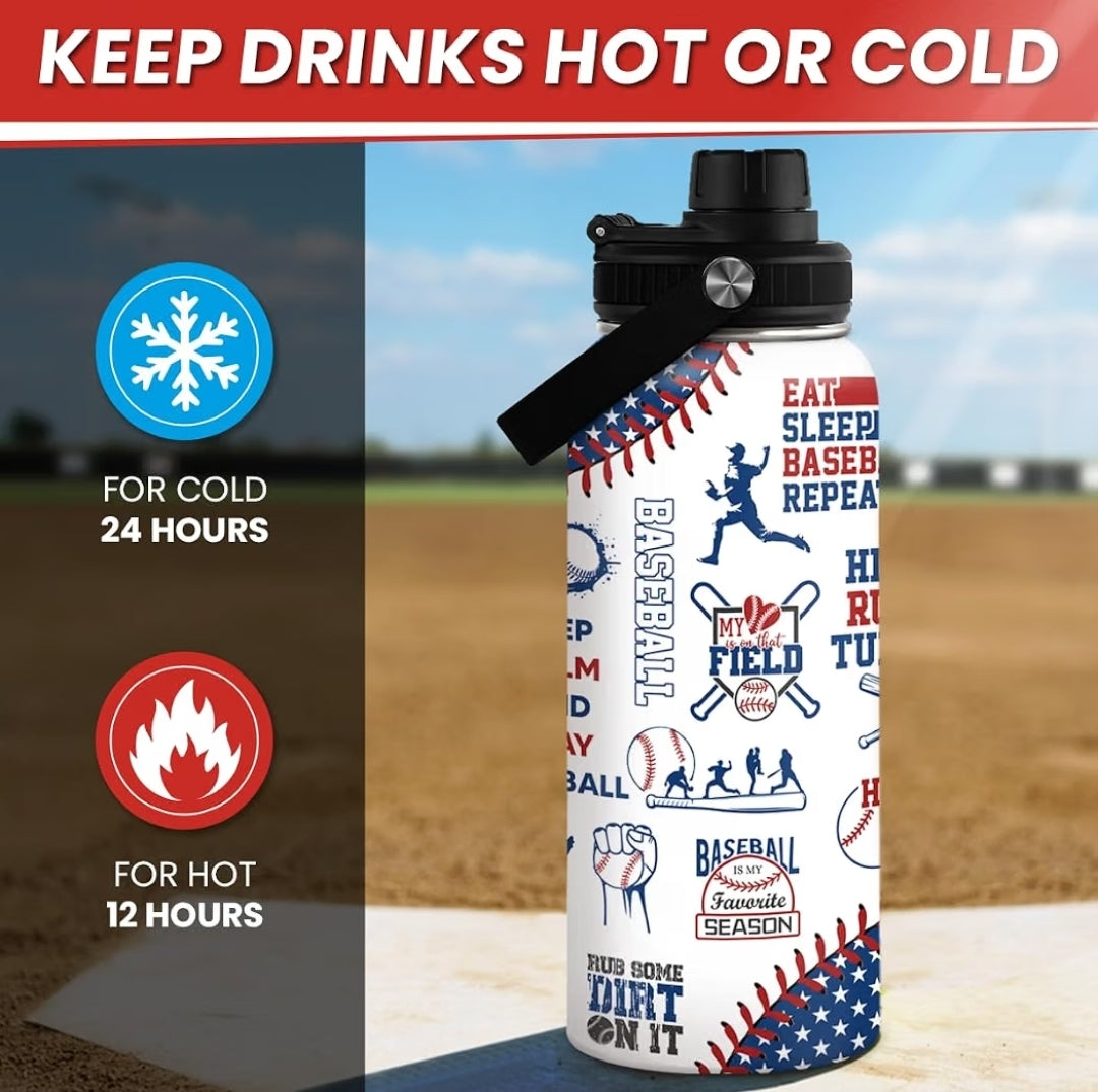 Patriotic "Swing for the Fences" Baseball Water Bottle – Insulated & 100% Leak-Proof Sports Flask