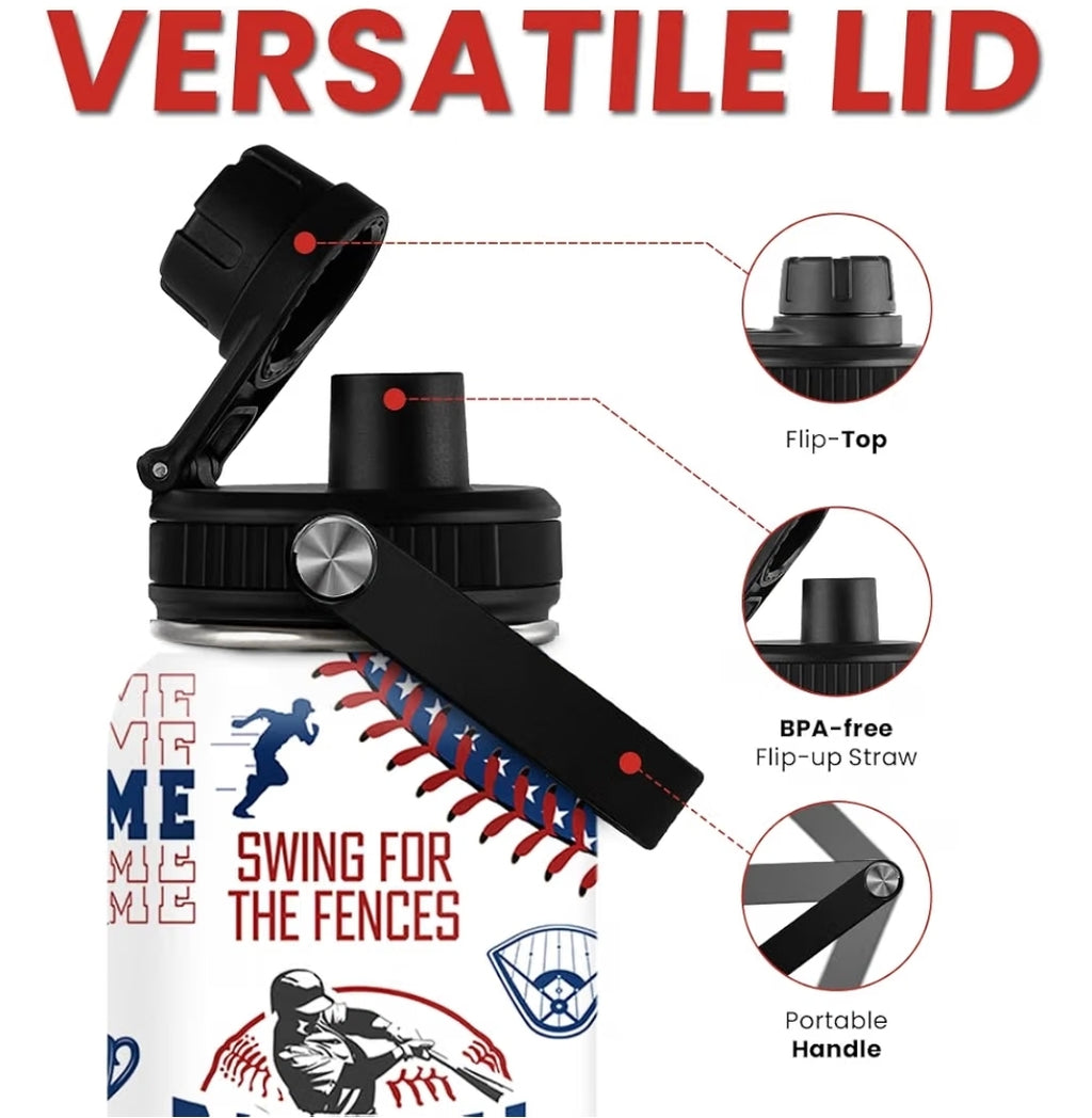 Patriotic "Swing for the Fences" Baseball Water Bottle – Insulated & 100% Leak-Proof Sports Flask