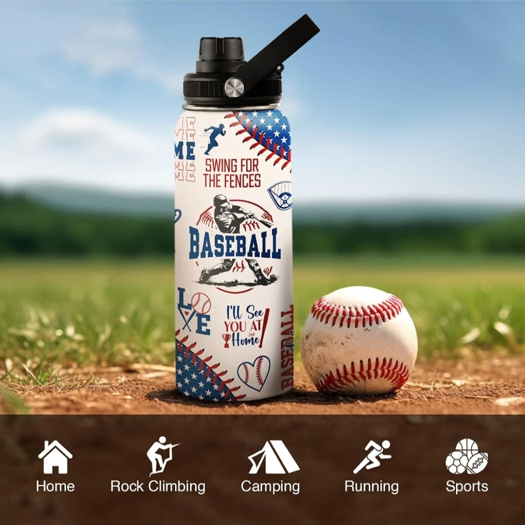 Patriotic "Swing for the Fences" Baseball Water Bottle – Insulated & 100% Leak-Proof Sports Flask